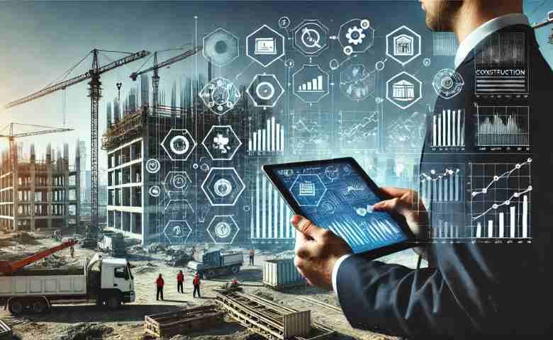 Data scientist analyzing construction project data on a digital screen.