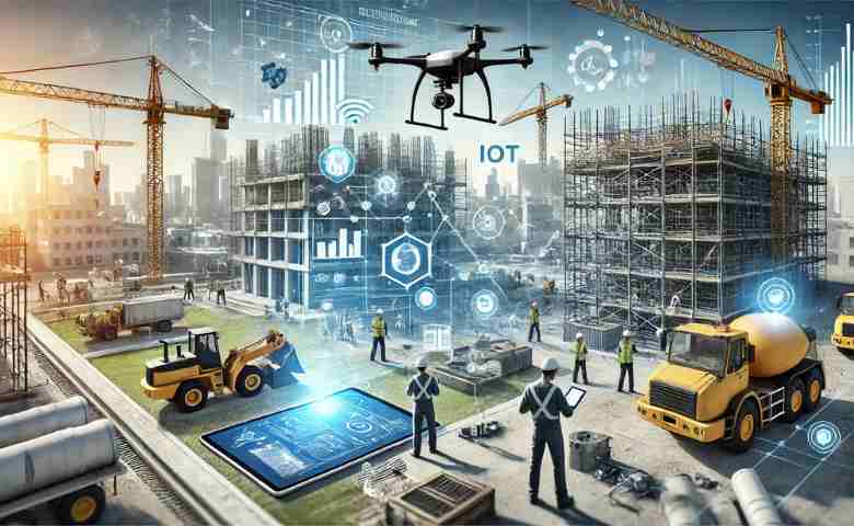 Digital transformation in construction industry with smart technology integration, BIM, AI, and IoT on a construction site.