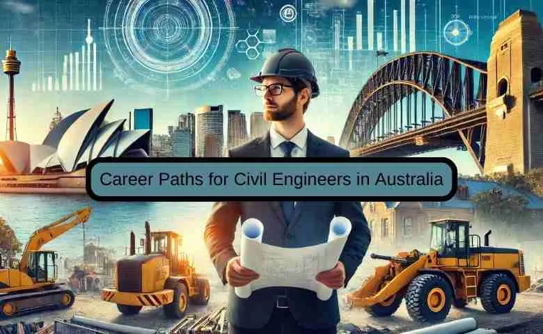 A civil engineer standing at an Australian construction site with blueprints and iconic landmarks in the background.