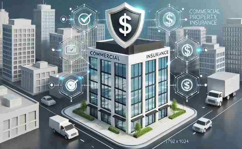Illustration of a commercial building with insurance symbols representing protection and cost factors.
