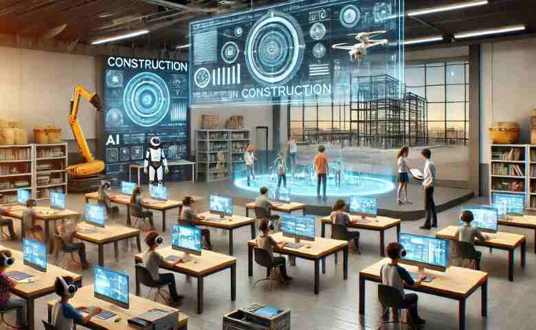 A futuristic AI-driven classroom for construction education in 2030, featuring students using VR and AI tools.
