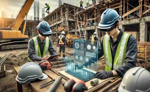 Workers wearing smart helmets and smart vests on a construction site using AR and wearable tech for safety.