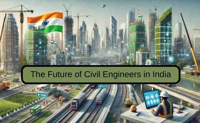 Futuristic Indian city skyline with sustainable buildings, civil engineers, and construction technology.