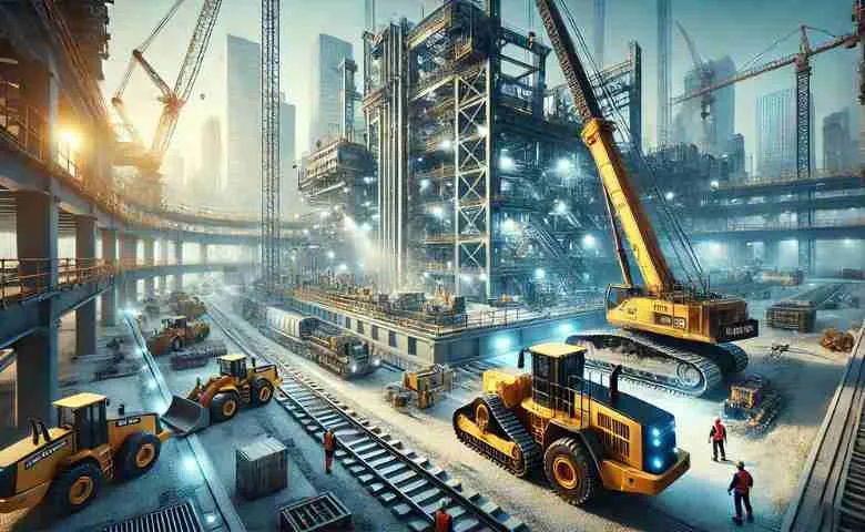Heavy machinery at a modern construction site with cranes and excavators working