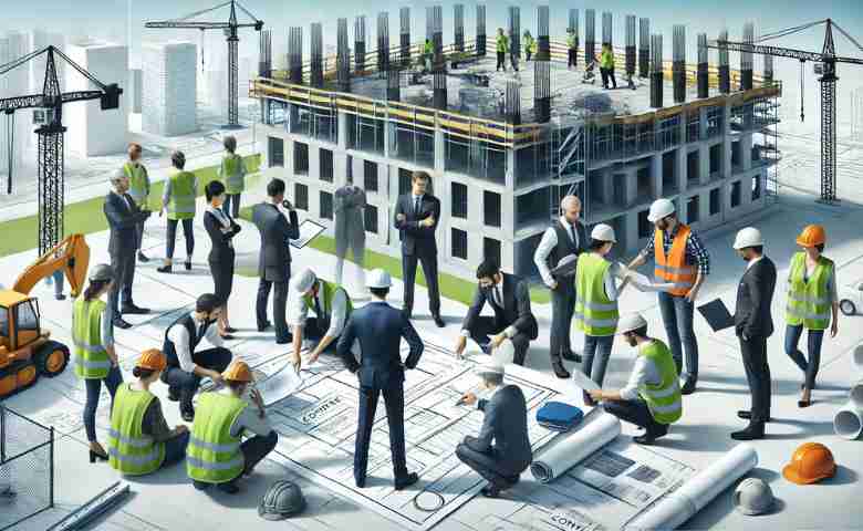 Construction site with legal consultants reviewing blueprints and contracts