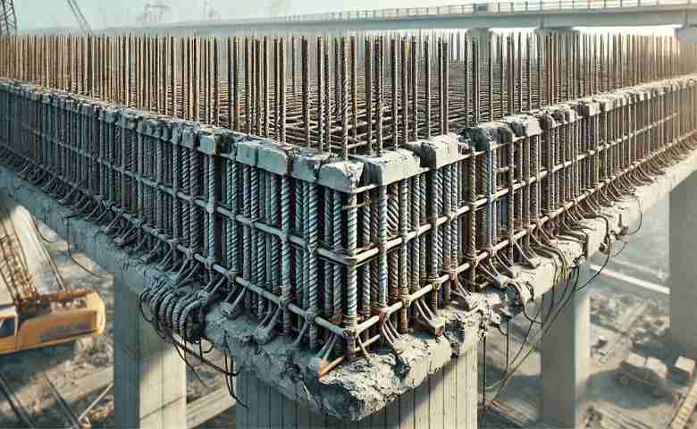 Concrete structure with reinforcement steel exposed to illustrate pH and durability considerations.