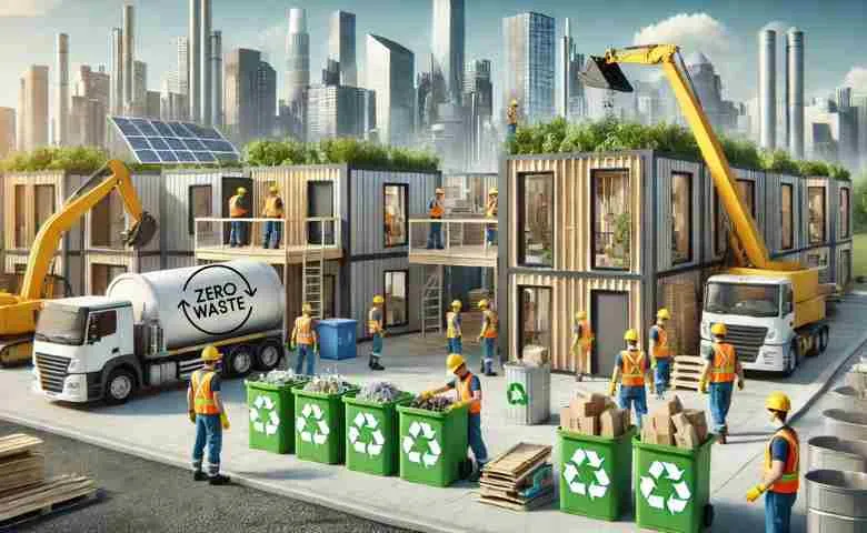 Zero-waste construction site featuring recycling bins, modular elements, and sustainable architecture.