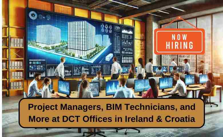 Diverse professionals collaborating on digital construction projects in a modern office.