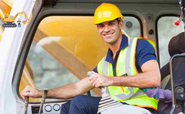 An excavator operator working on a construction site with large machinery.