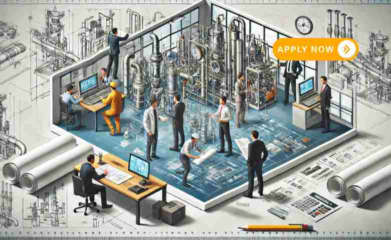 Engineers collaborating in a modern industrial workspace featuring piping systems and instrumentation setups.