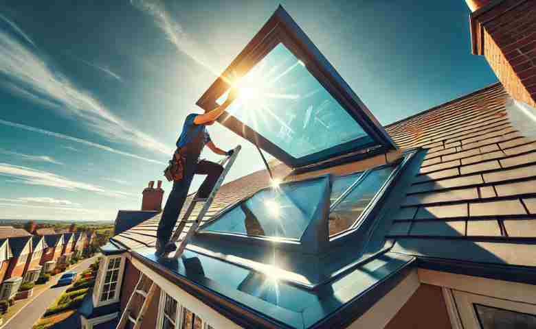 A professional roofer repairing a skylight on a Newcastle home under bright sunlight.