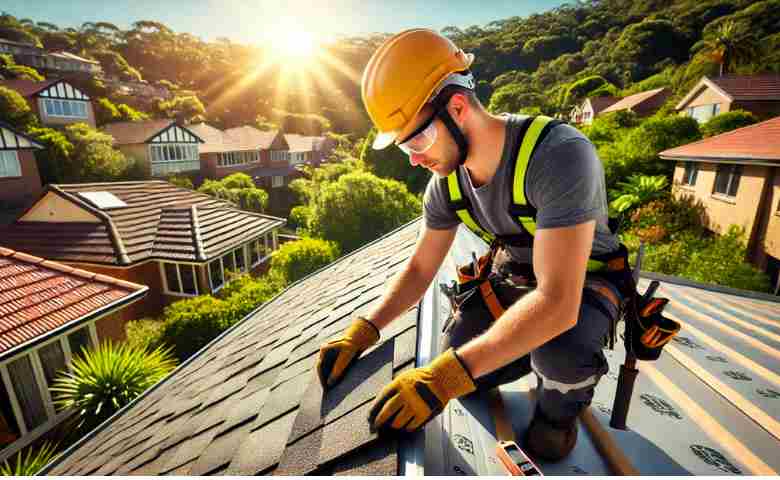 Professional roofer repairing a residential roof in Turramurra.
