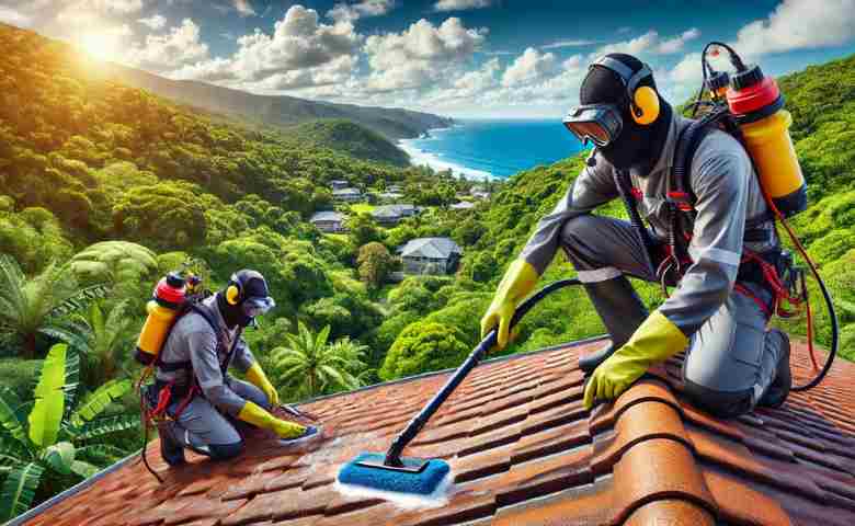 Professional roofers cleaning a residential roof on the Central Coast