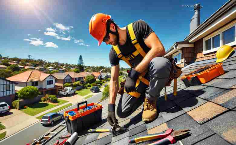 A roofing professional repairing a residential roof in Lane Cove.