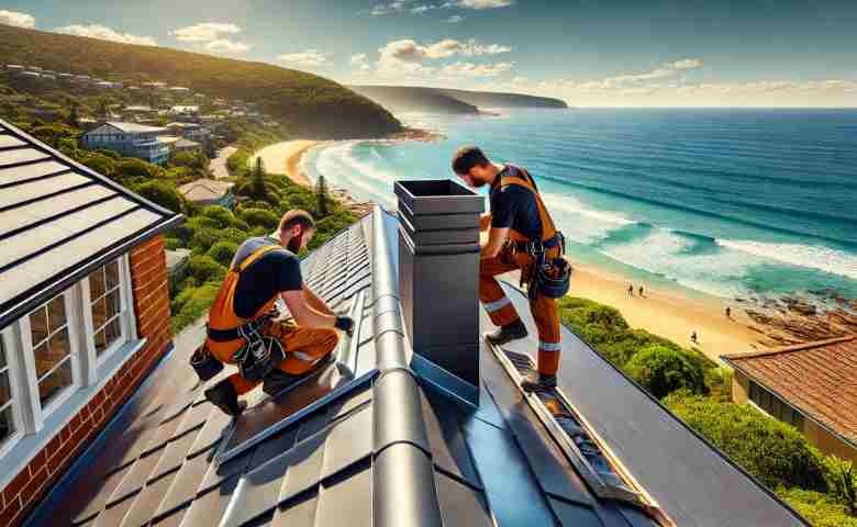 Roofers installing flashing on a residential roof in Northern Beaches.