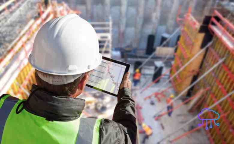 A modern construction site overviewed with digital planning tools