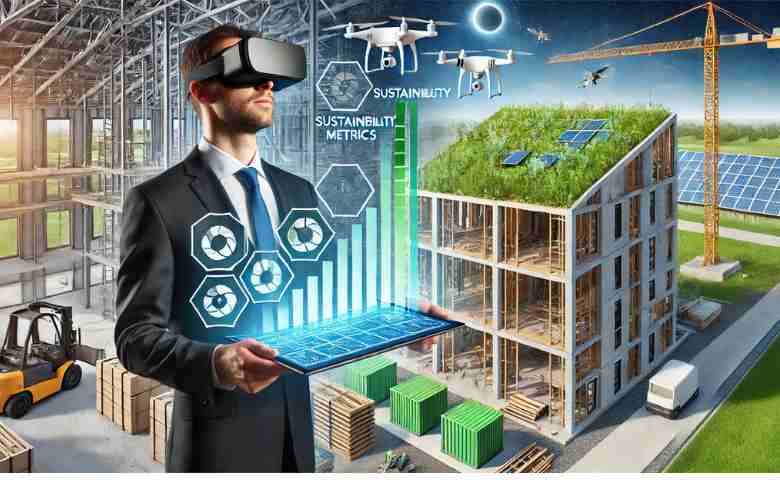 A construction professional analyzing a 3D BIM model on a tablet, surrounded by sustainable materials and digital project data.