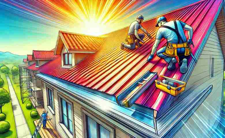Roof flashing being installed on a modern house by professional roofers using advanced tools.