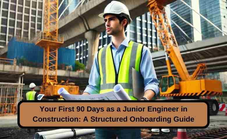 Junior engineer reviewing construction blueprints on-site