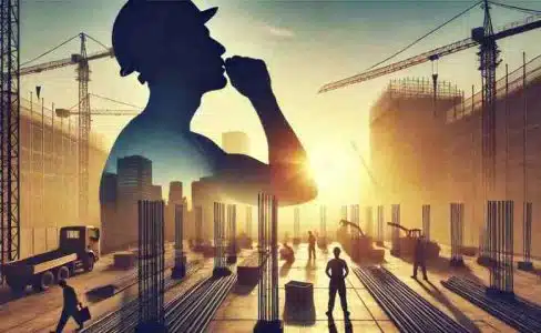 A determined construction worker pausing for a mindful moment on-site.