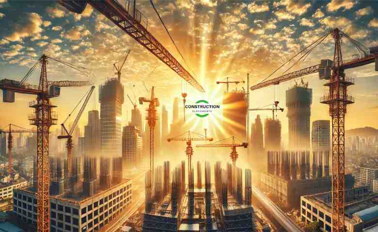 Modern construction site with cranes working on high-rise buildings in 2025