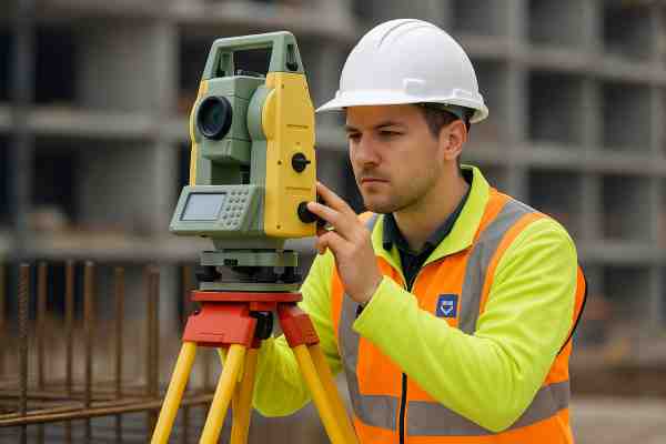 Civil engineering intern conducting site inspection with total station.