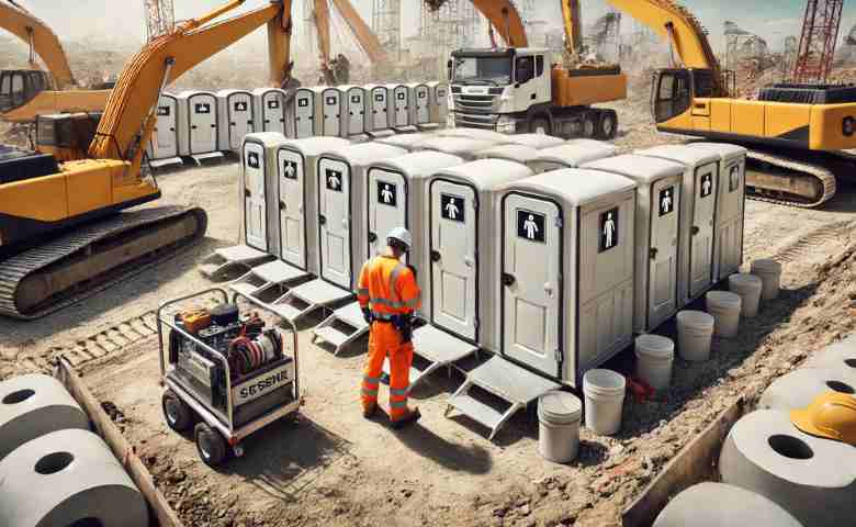 Well-maintained portable restroom trailers on a construction site.