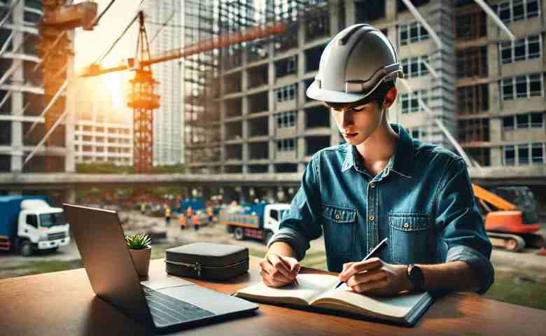 A construction intern writing notes at a construction site, reflecting on their work experience.