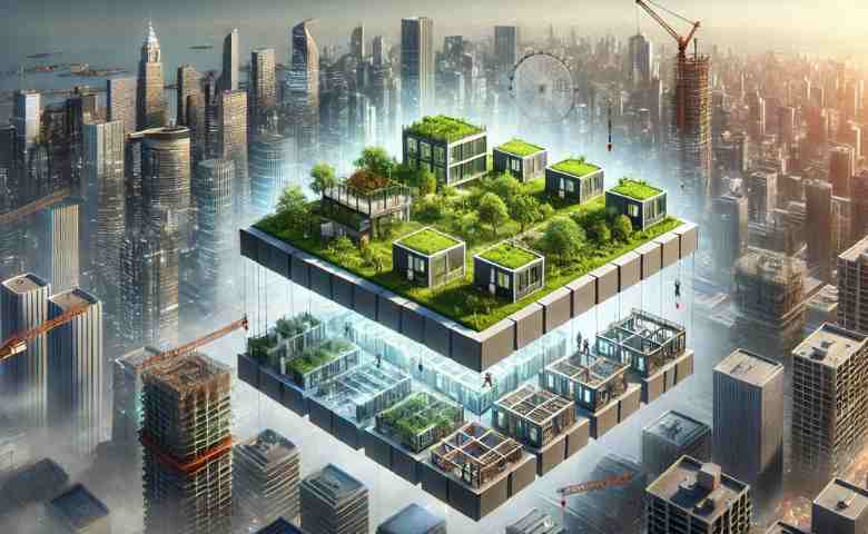 An illustrated collage depicting various thriving construction projects, such as green buildings, modular homes, and commercial sites.