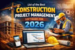 Best construction project management software for 2026 with digital dashboards, BIM models, and planning tools on an active construction site