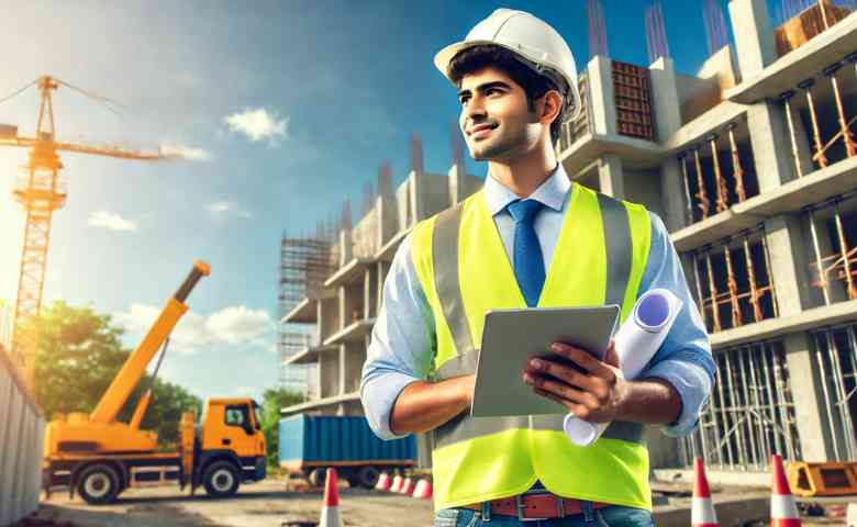 Young Indian civil engineer confidently managing a modern construction site with safety gear and blueprints, under bright clear skies.