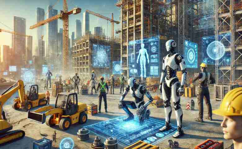 Humanoid robot assisting at a modern construction site