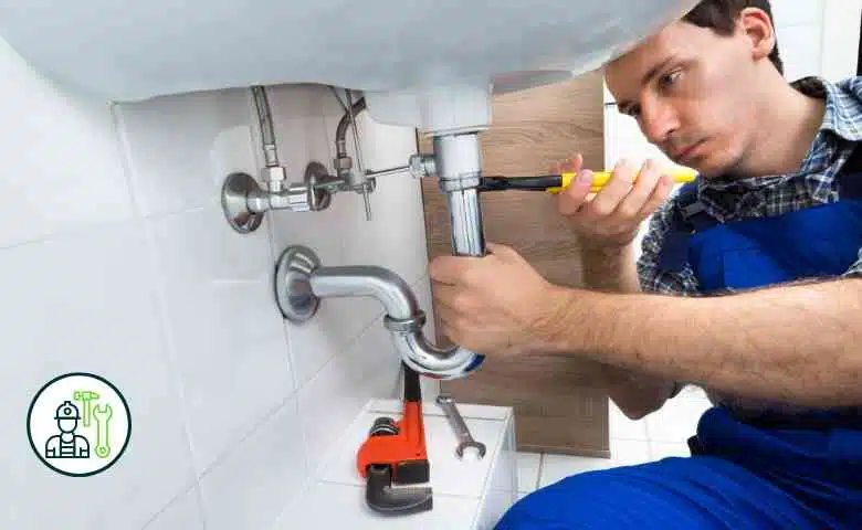 A skilled plumber installing eco-friendly water-saving plumbing fixtures in a green building.