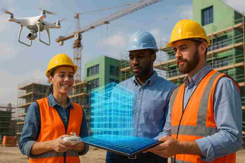 Construction crew uses drone and BIM hologram to plan a green building on-site.