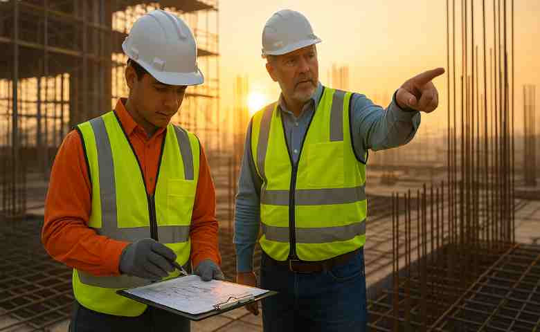 Young civil engineer reviews marked-up drawings while senior mentor points at sunrise-lit reinforcement grid on construction site.