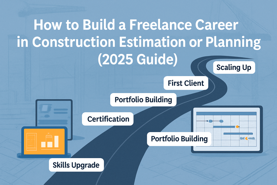 Roadmap to a freelance career in construction estimation and planning in 2025 showing skills, certifications, and project workflow.
