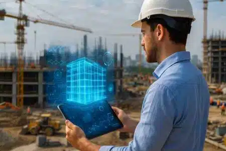 Site engineer using a tablet with digital construction overlay