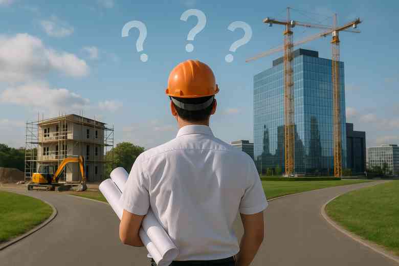 Young civil engineer in safety helmet holding blueprints, standing at a crossroads between a local construction site and a large EPC building.