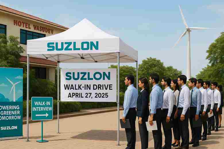 Candidates attending Suzlon walk-in interview at Hotel Vasudev, Jamnagar on April 27, 2025