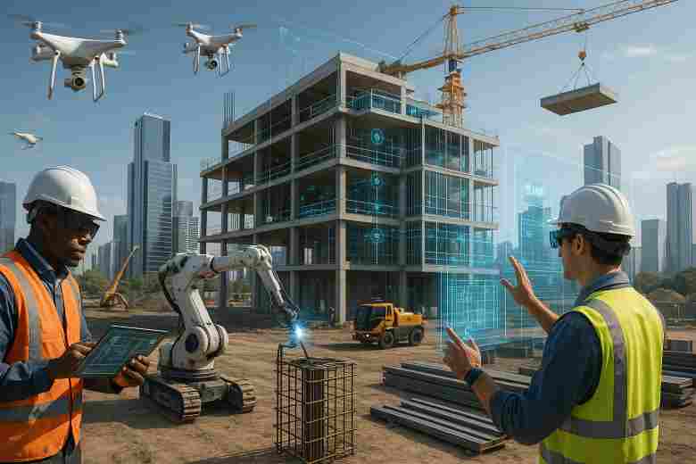 Futuristic construction site integrating AI technologies like drones, robotic machinery, and digital planning tools.