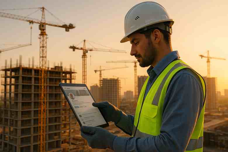 A young civil engineer checks LinkedIn on a tablet at a construction site with tower cranes in the background, representing tech-driven job search.
