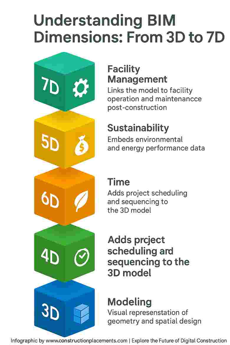 Vertical infographic illustrating BIM Dimensions from 3D modeling to 7D facility management, with colorful 3D blocks and concise explanations.