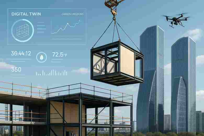 Drone surveying a modular construction site with digital-twin overlay – construction trends 2025
