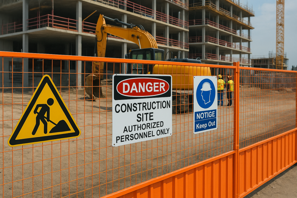 Temporary fencing securing a construction site with warning signs