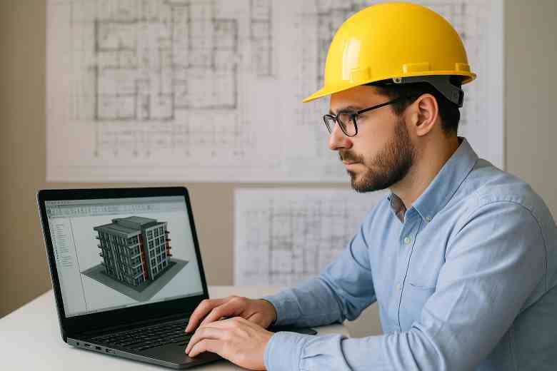 BIM Specialist working on a 3D building model in a modern office
