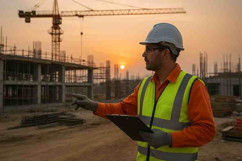 Site engineer wearing safety gear inspecting a construction site early morning.