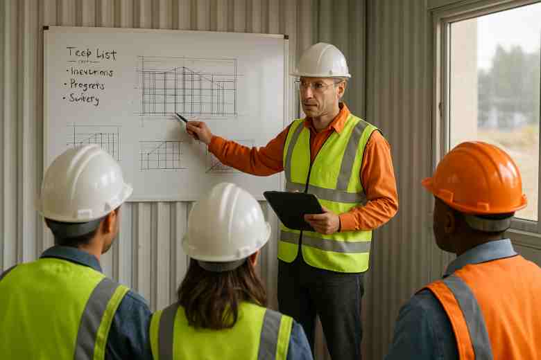 Site engineer holding a briefing session with workers at a construction site.