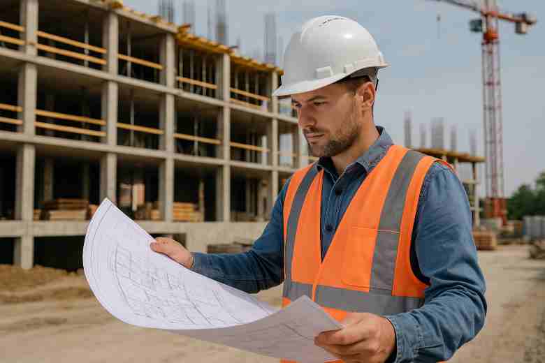 Site engineer reviewing large blueprint drawings at a construction site.
