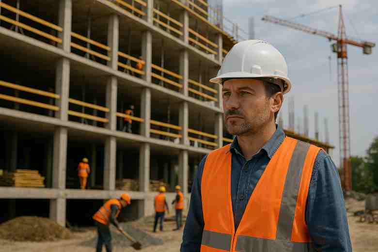 Site engineer overseeing construction activities with cranes and workers in the background.