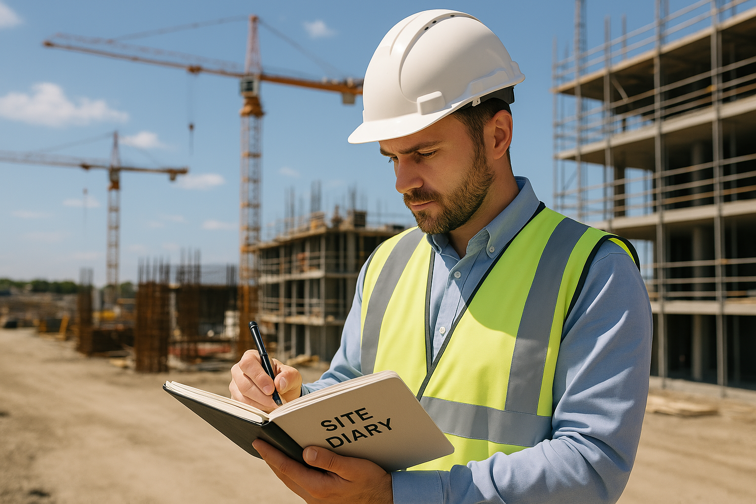 Site engineer writing reports at a temporary site office.